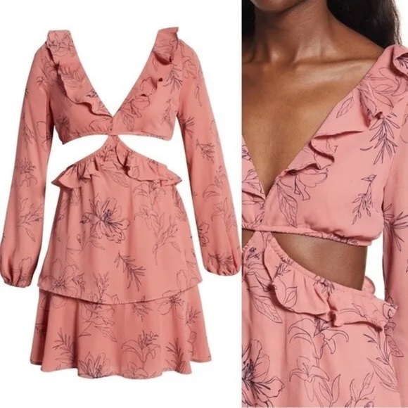 Open Edit NEW Nordstrom Cut Out Long Sleeve Ruffle Mini Dress Pink Floral Size L - Picture 1 of 16